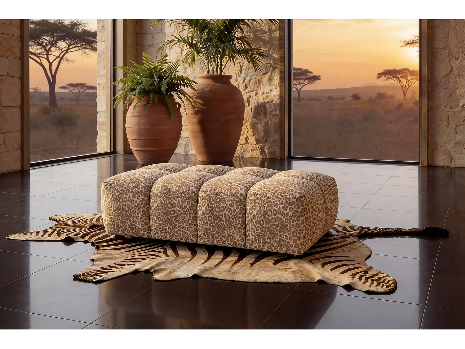 ALEXIA - Pouf en tissu imprimé animalier Beige 120x60x40