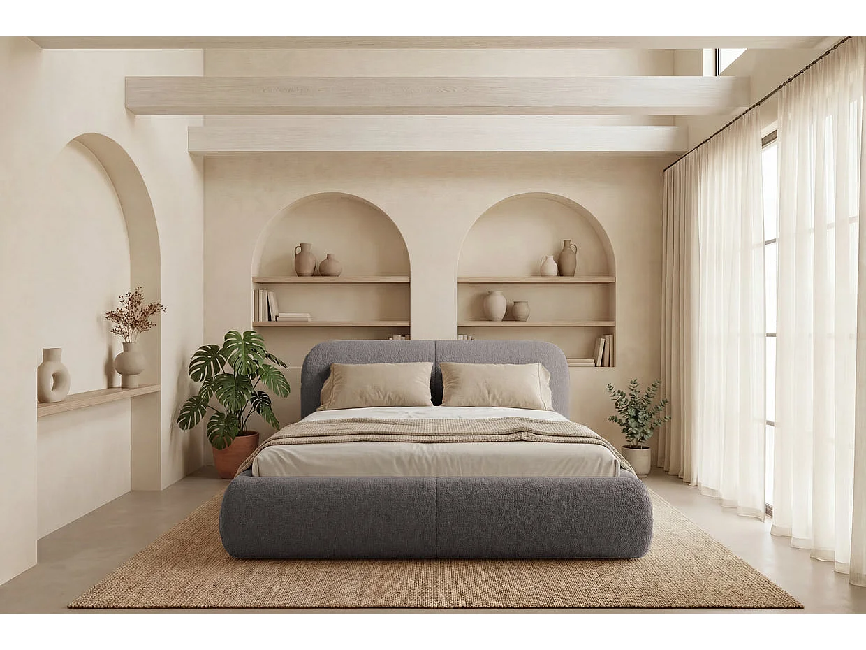 DELORA - Lit coffre tissu chenille Taupe 180x200cm