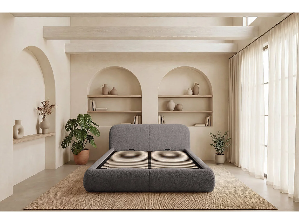 DELORA - Lit coffre tissu chenille Taupe 180x200cm