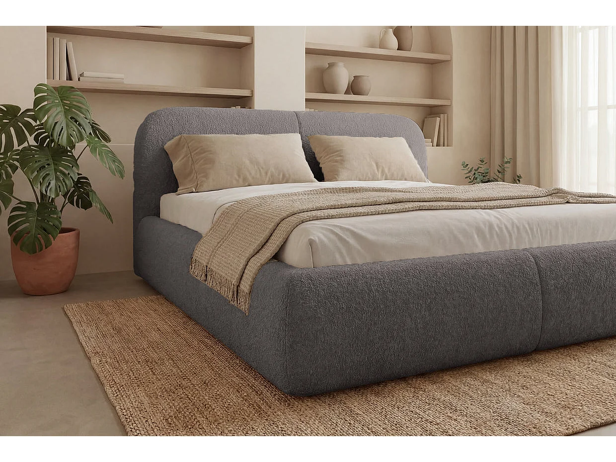 DELORA - Lit coffre tissu chenille Taupe 180x200cm
