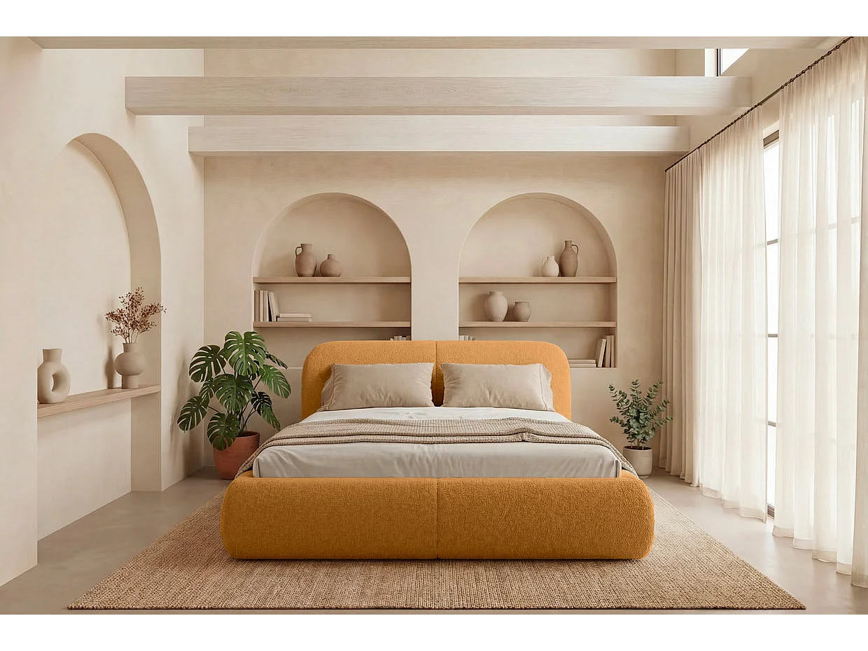 DELORA - Lit coffre tissu chenille Moutarde 180x200cm
