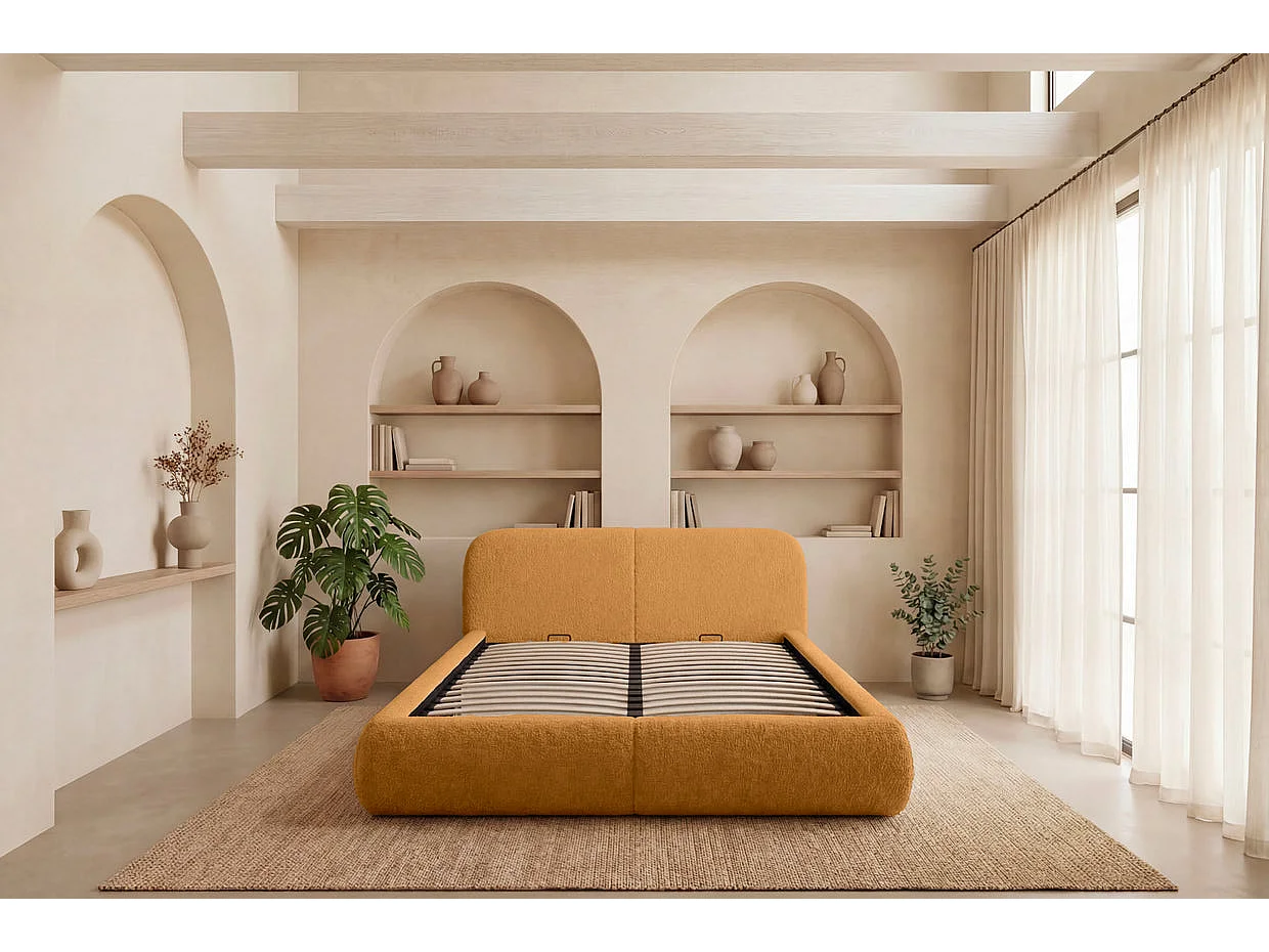 DELORA - Lit coffre tissu chenille Moutarde 180x200cm