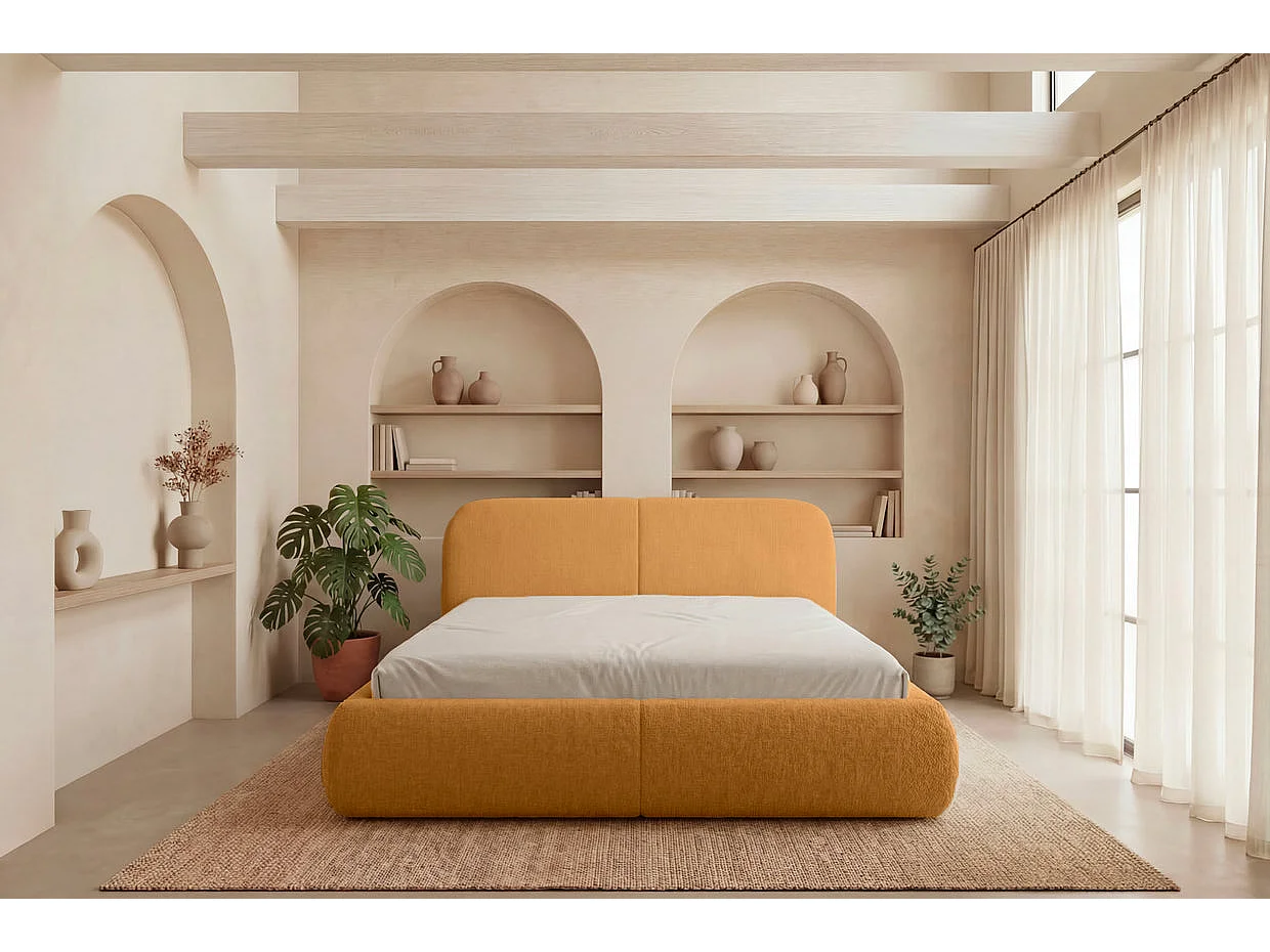 DELORA - Lit coffre tissu chenille Moutarde 180x200cm