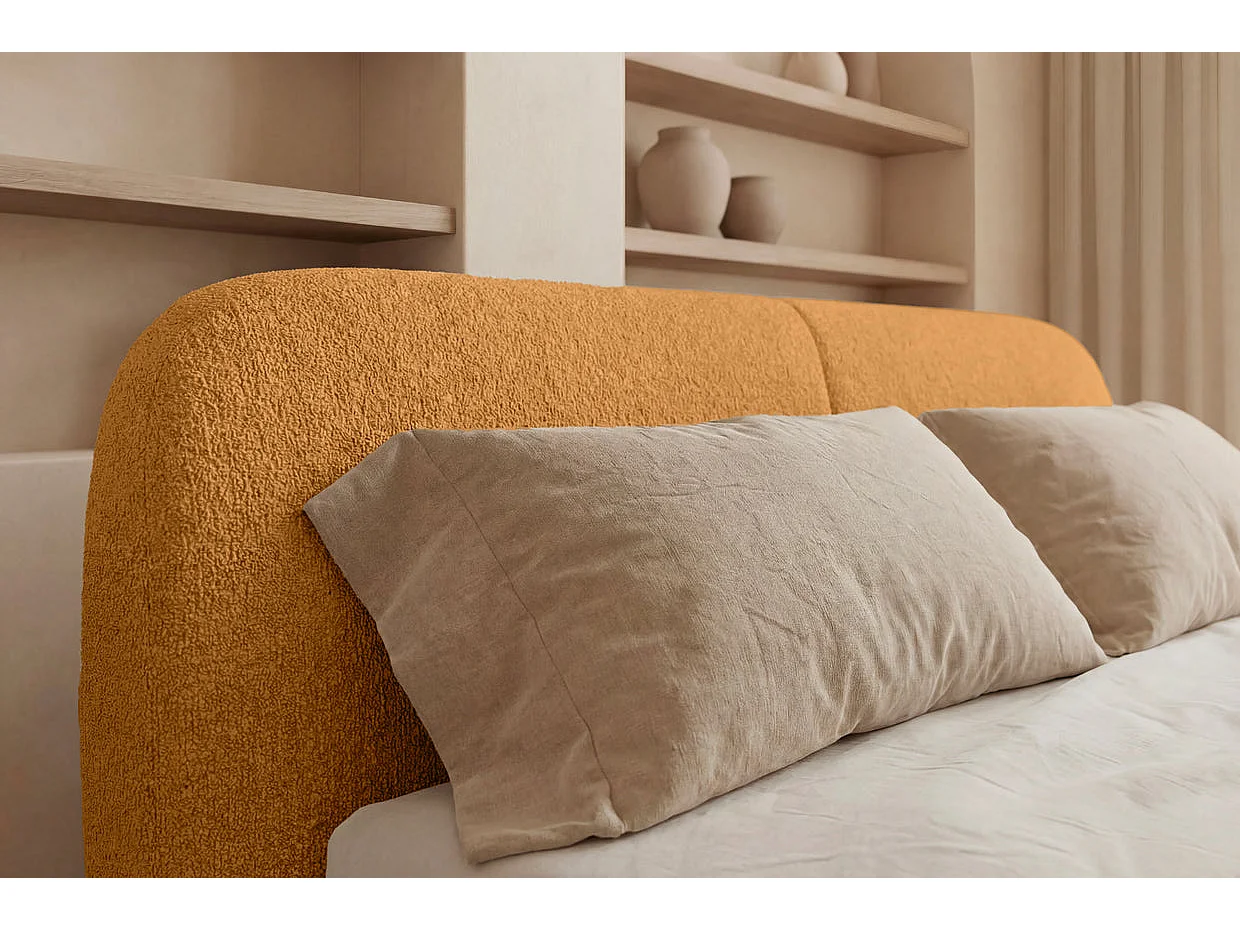 DELORA - Lit coffre tissu chenille Moutarde 180x200cm