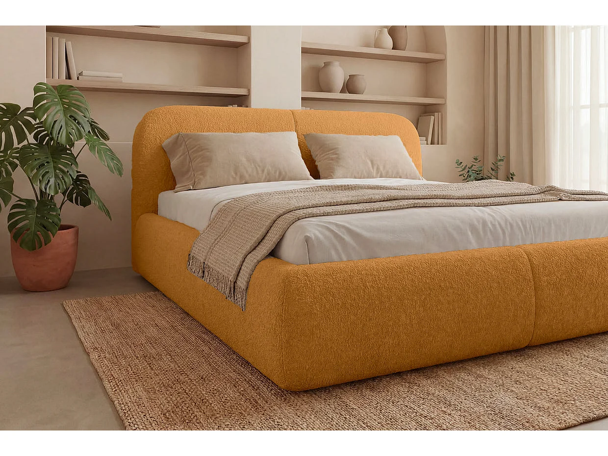 DELORA - Lit coffre tissu chenille Moutarde 180x200cm