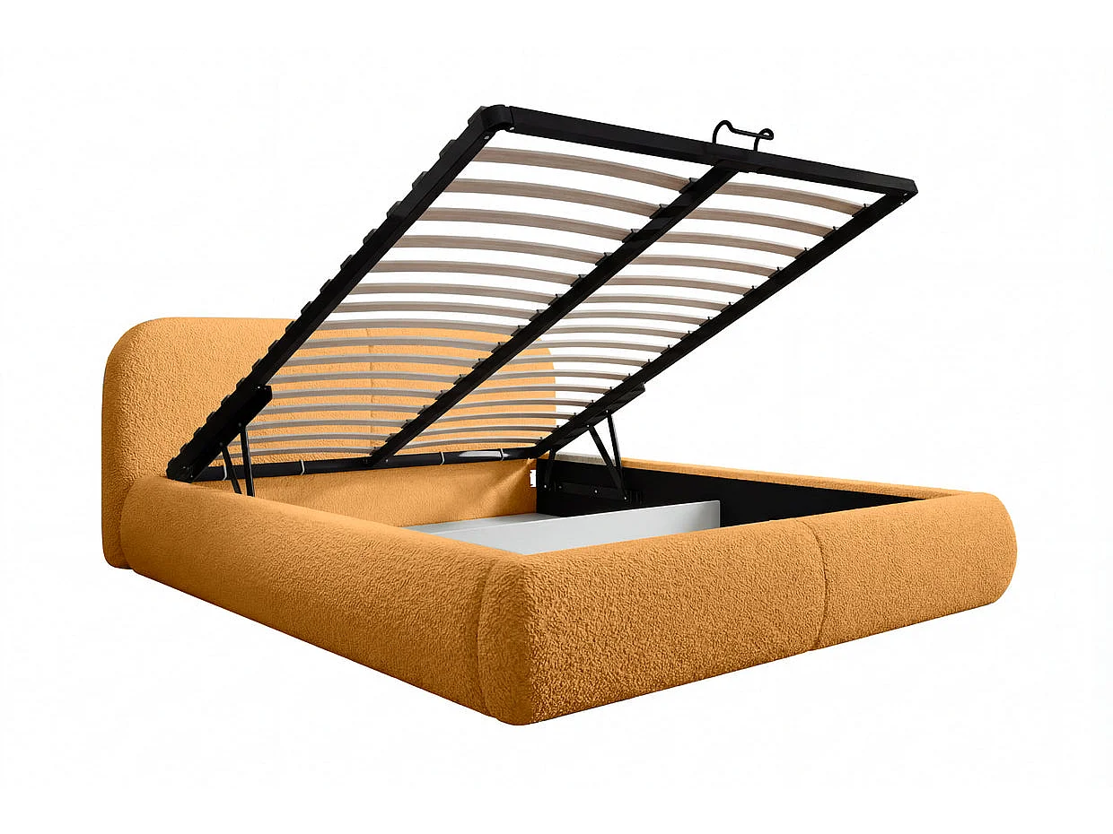 DELORA - Lit coffre tissu chenille Moutarde 180x200cm