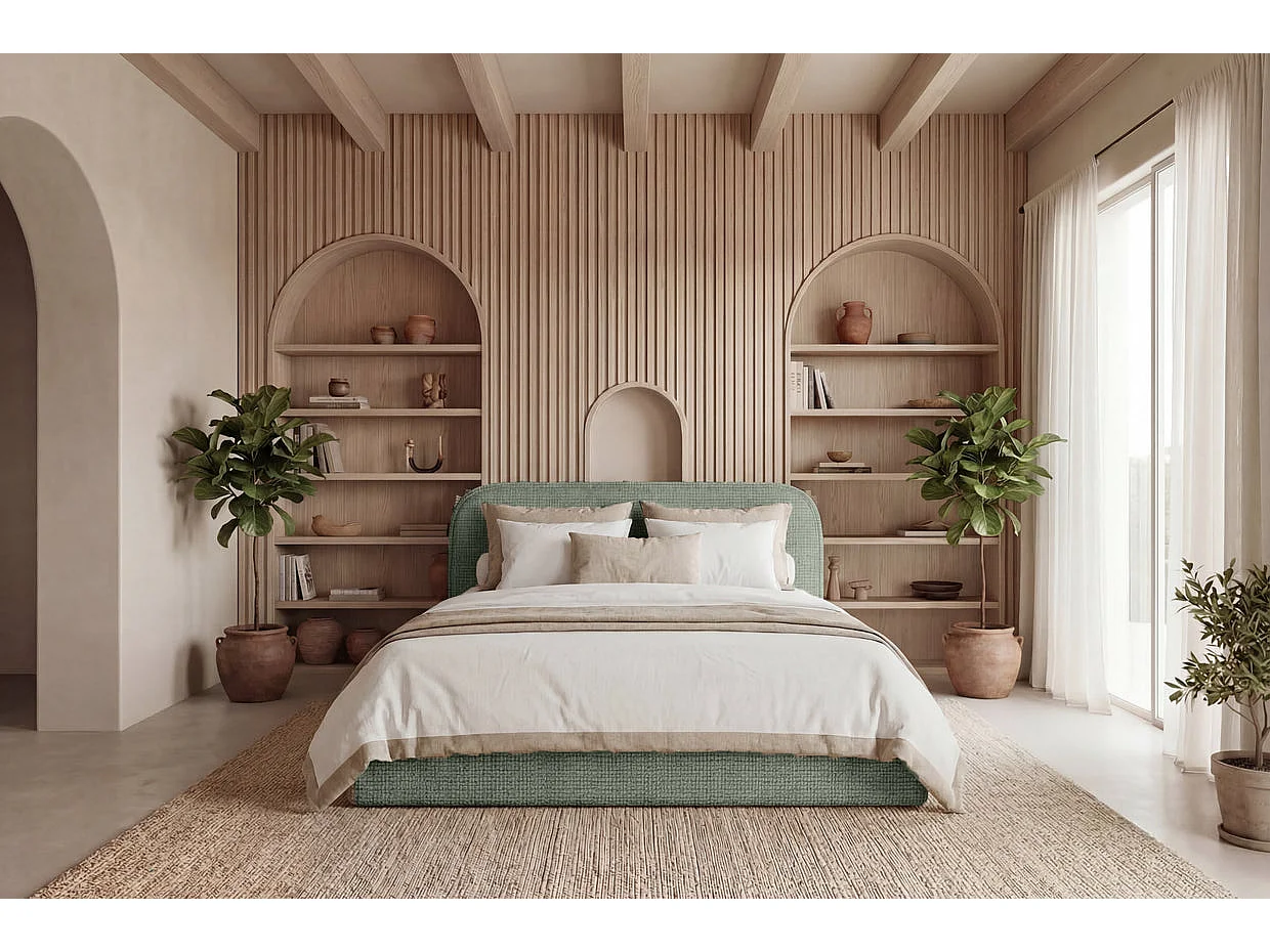 AURIA - Lit coffre tissu chenille Vert 160x200cm