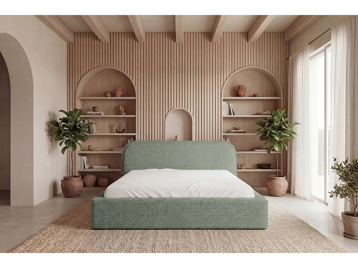 AURIA - Lit coffre tissu chenille Vert 160x200cm