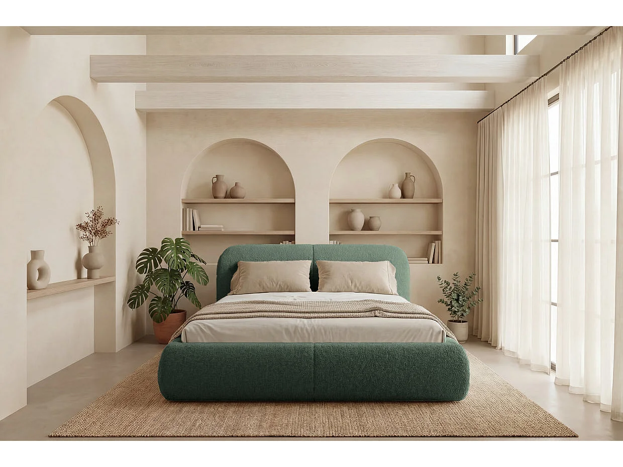 DELORA - Lit coffre tissu chenille Vert 160x200cm