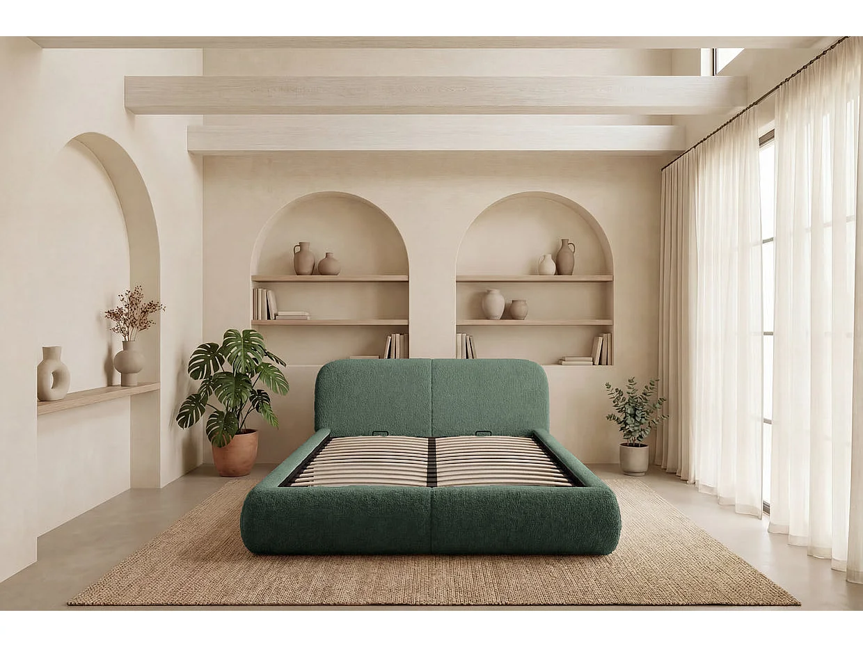 DELORA - Lit coffre tissu chenille Vert 160x200cm