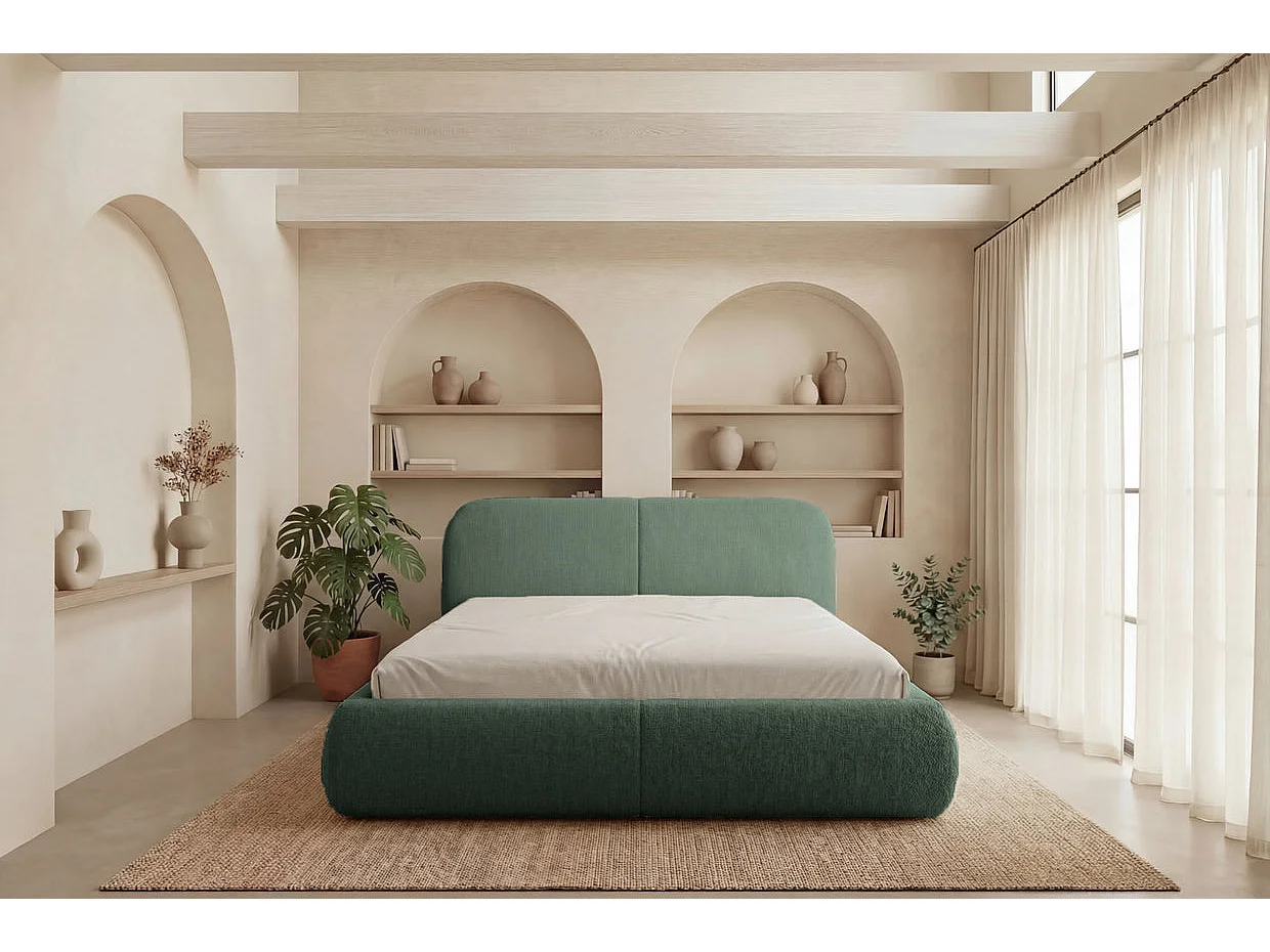 DELORA - Lit coffre tissu chenille Vert 160x200cm