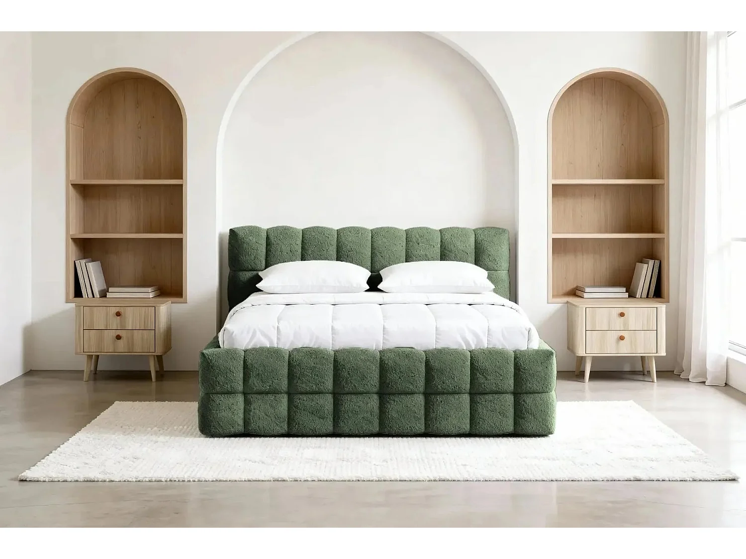 VOLTAIRE - Lit coffre tissu bouclette Vert 160x200cm