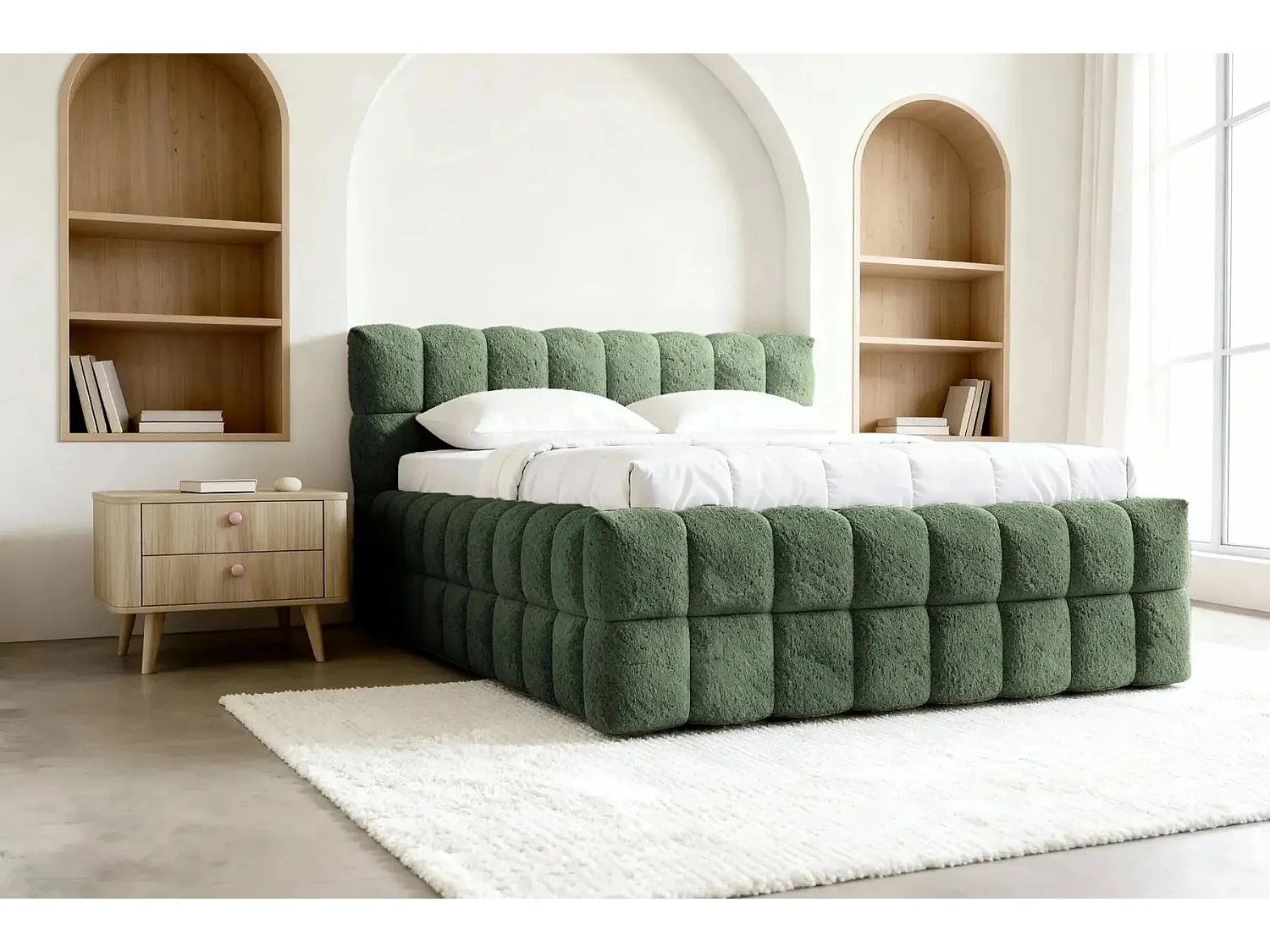 VOLTAIRE - Lit coffre tissu bouclette Vert 160x200cm