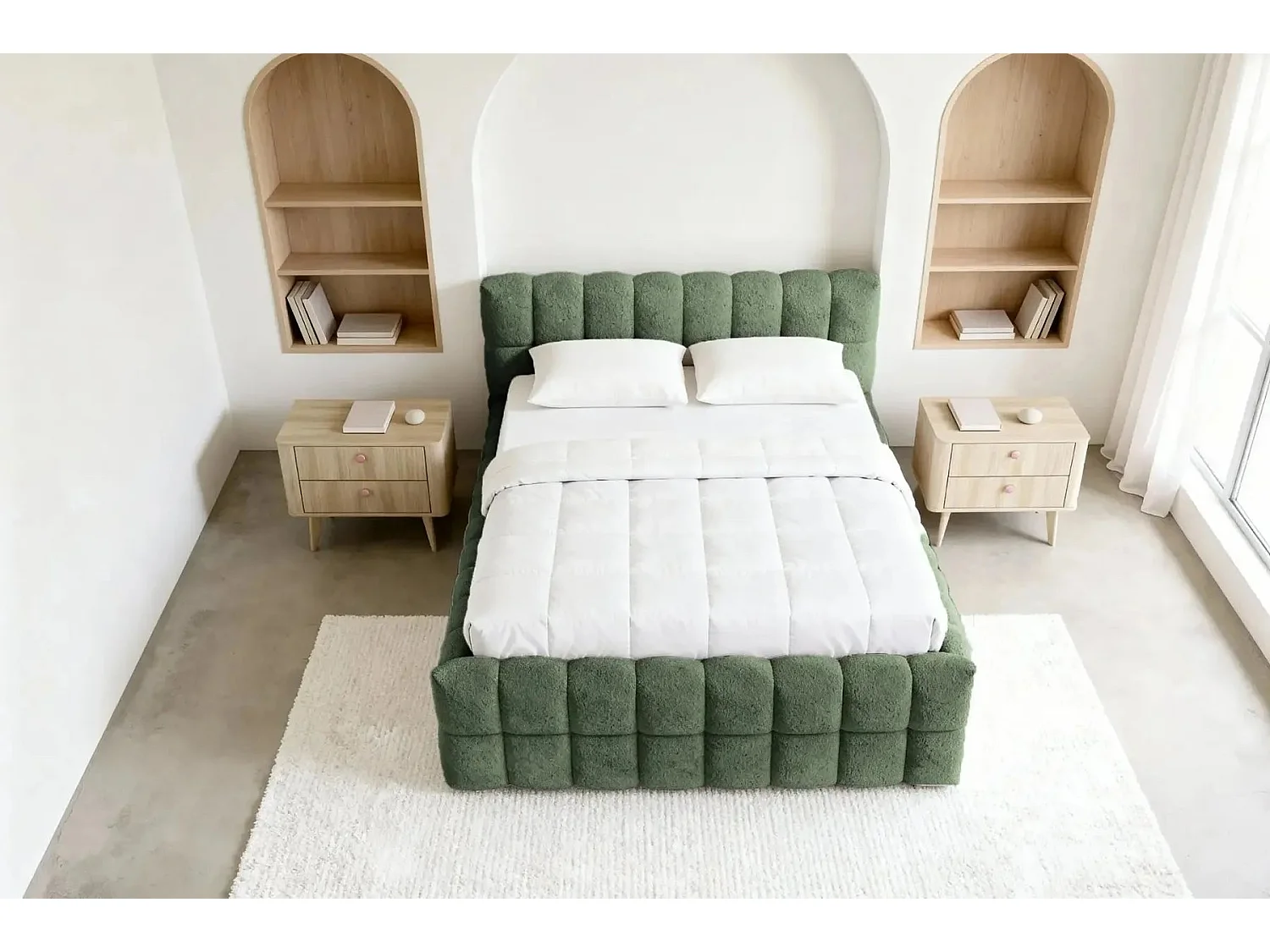 VOLTAIRE - Lit coffre tissu bouclette Vert 160x200cm