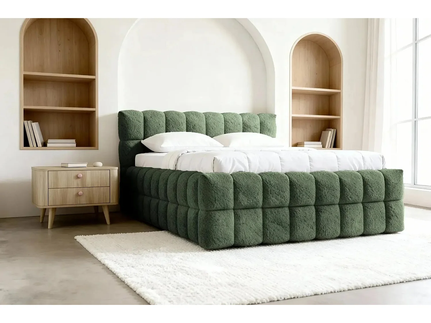 VOLTAIRE - Lit coffre tissu bouclette Vert 160x200cm