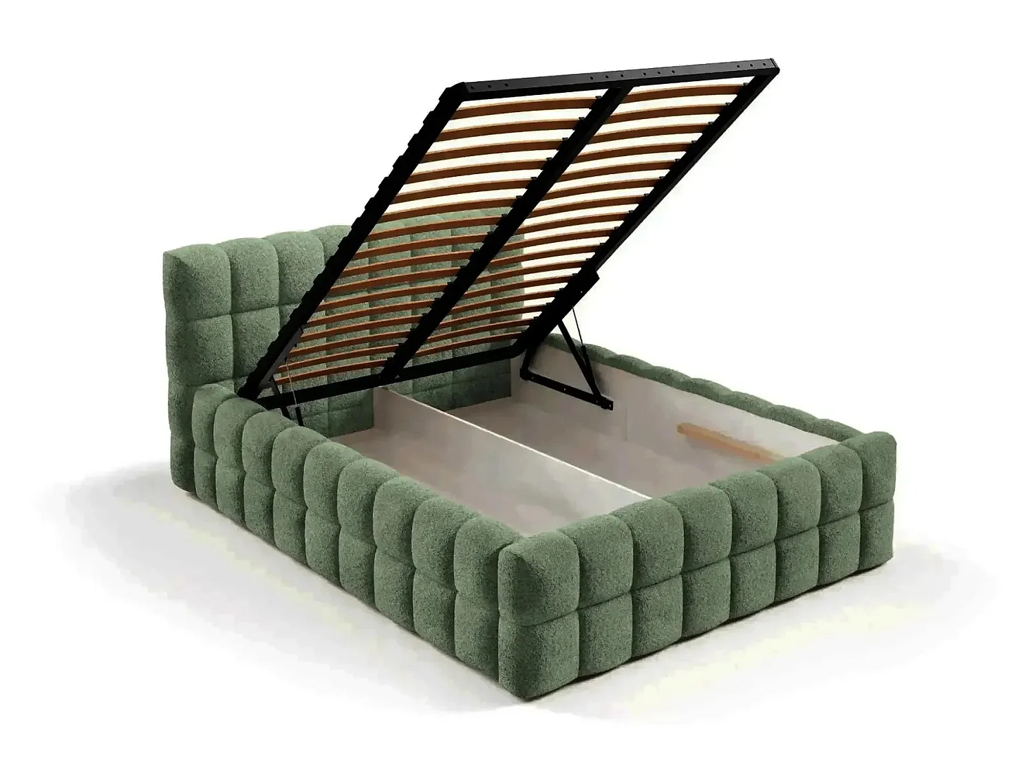 VOLTAIRE - Lit coffre tissu bouclette Vert 160x200cm