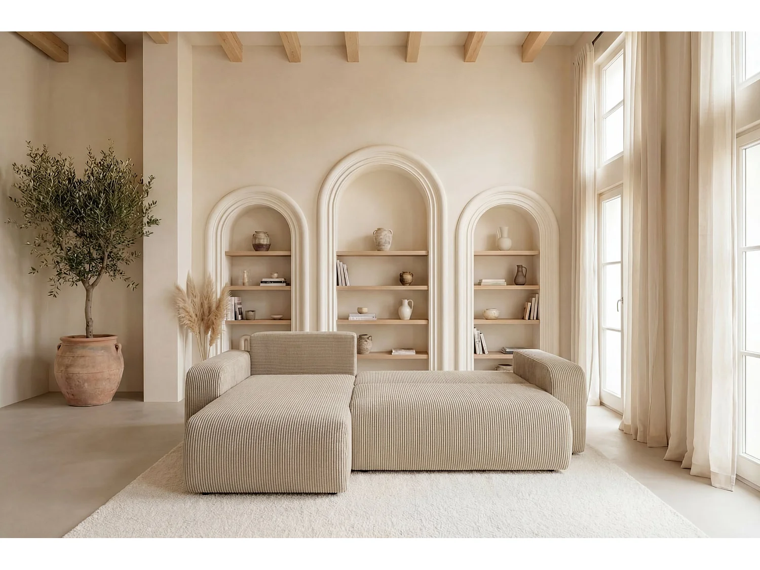 JELLA - Canapé d'angle convertible petit velours côtelé Beige
