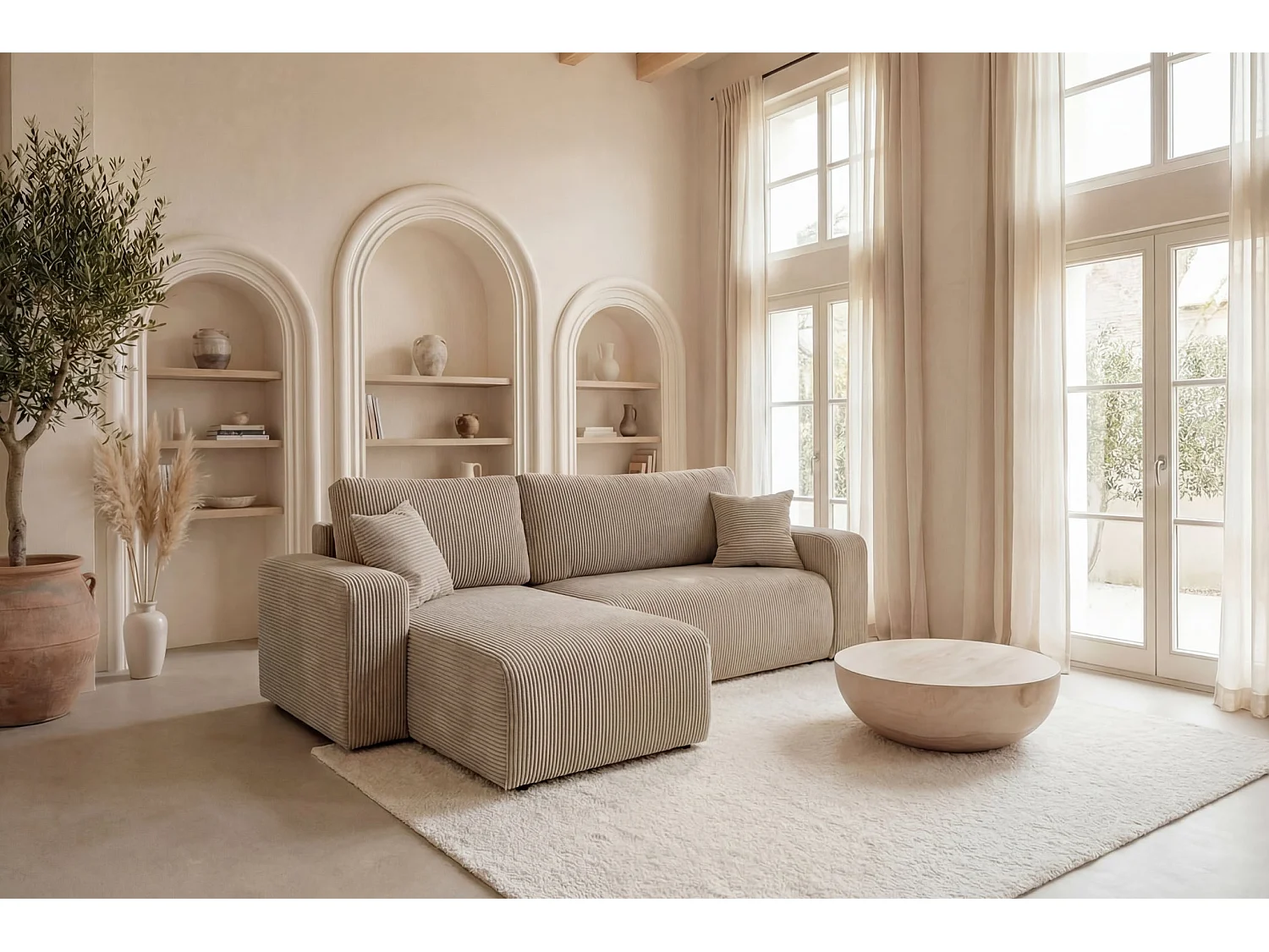 JELLA - Canapé d'angle convertible petit velours côtelé Beige