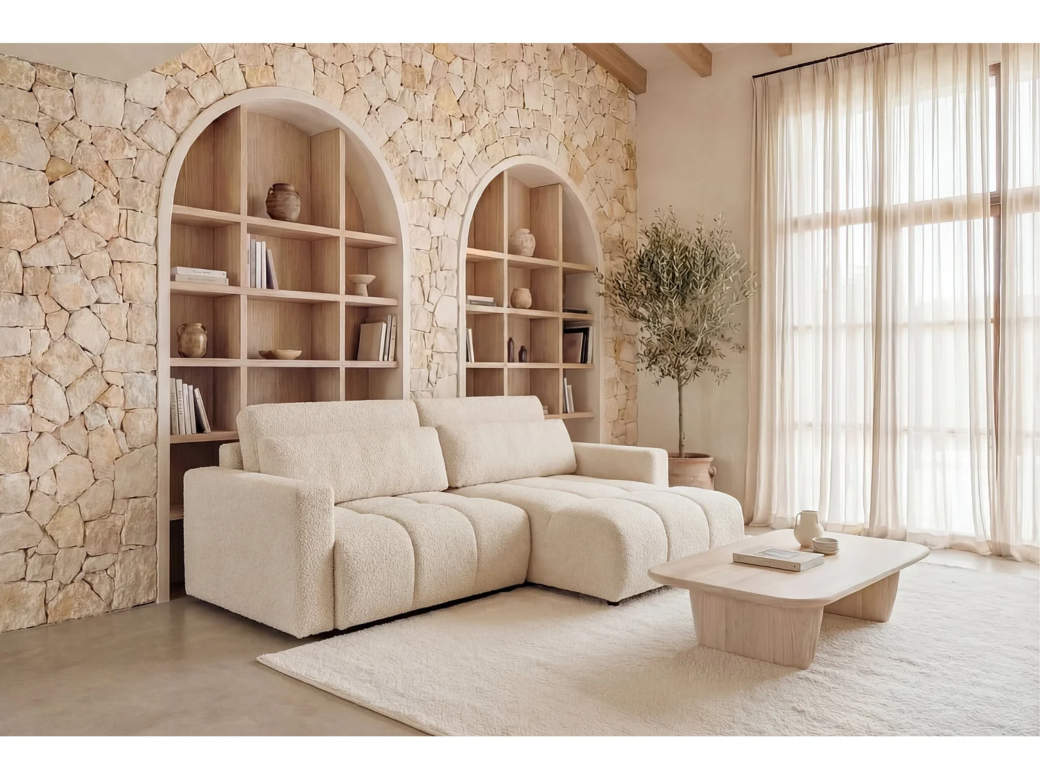 MAIA - Canapé amovible convertible tissu texturé 3 places - Beige