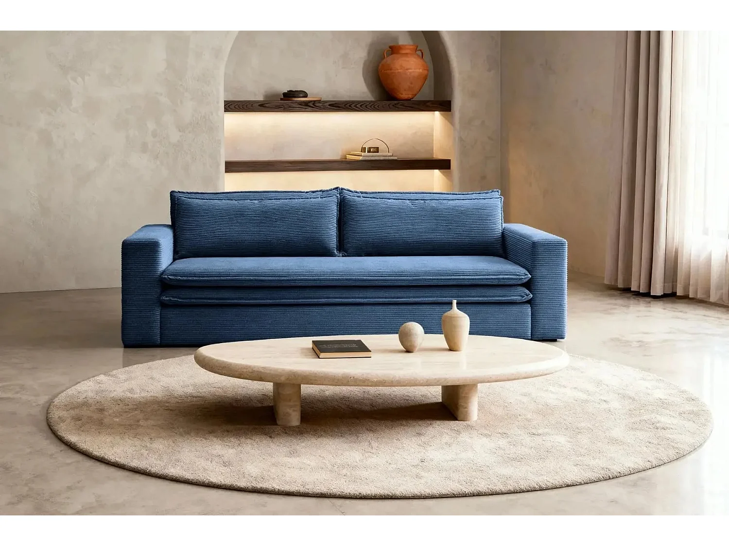 OSCAR PLUS - Canapé droit convertible velours côtelé 3 places Bleu
