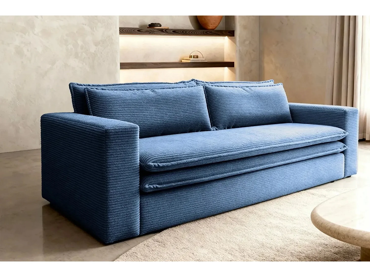 OSCAR PLUS - Canapé droit convertible velours côtelé 3 places Bleu
