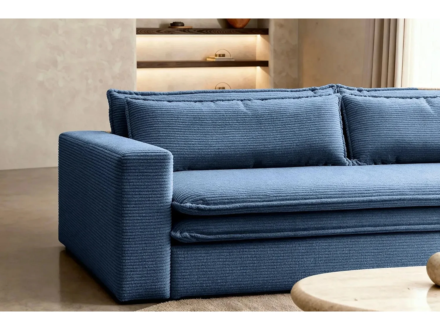 OSCAR PLUS - Canapé droit convertible velours côtelé 3 places Bleu