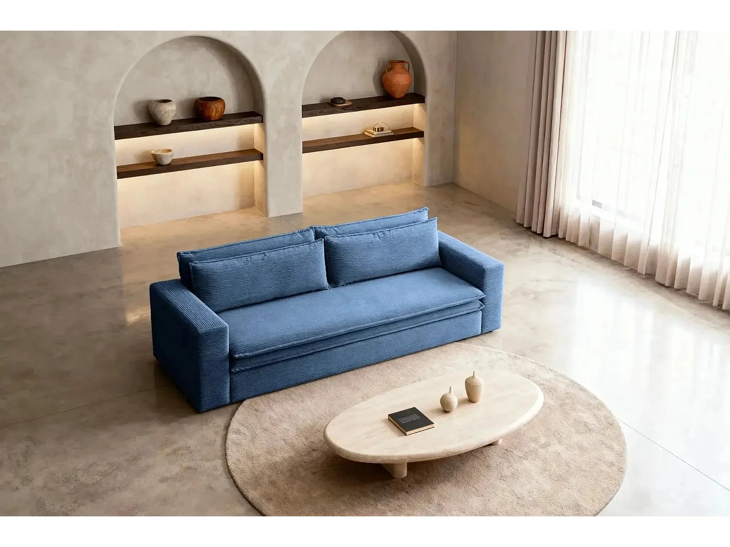 OSCAR PLUS - Canapé droit convertible velours côtelé 3 places Bleu