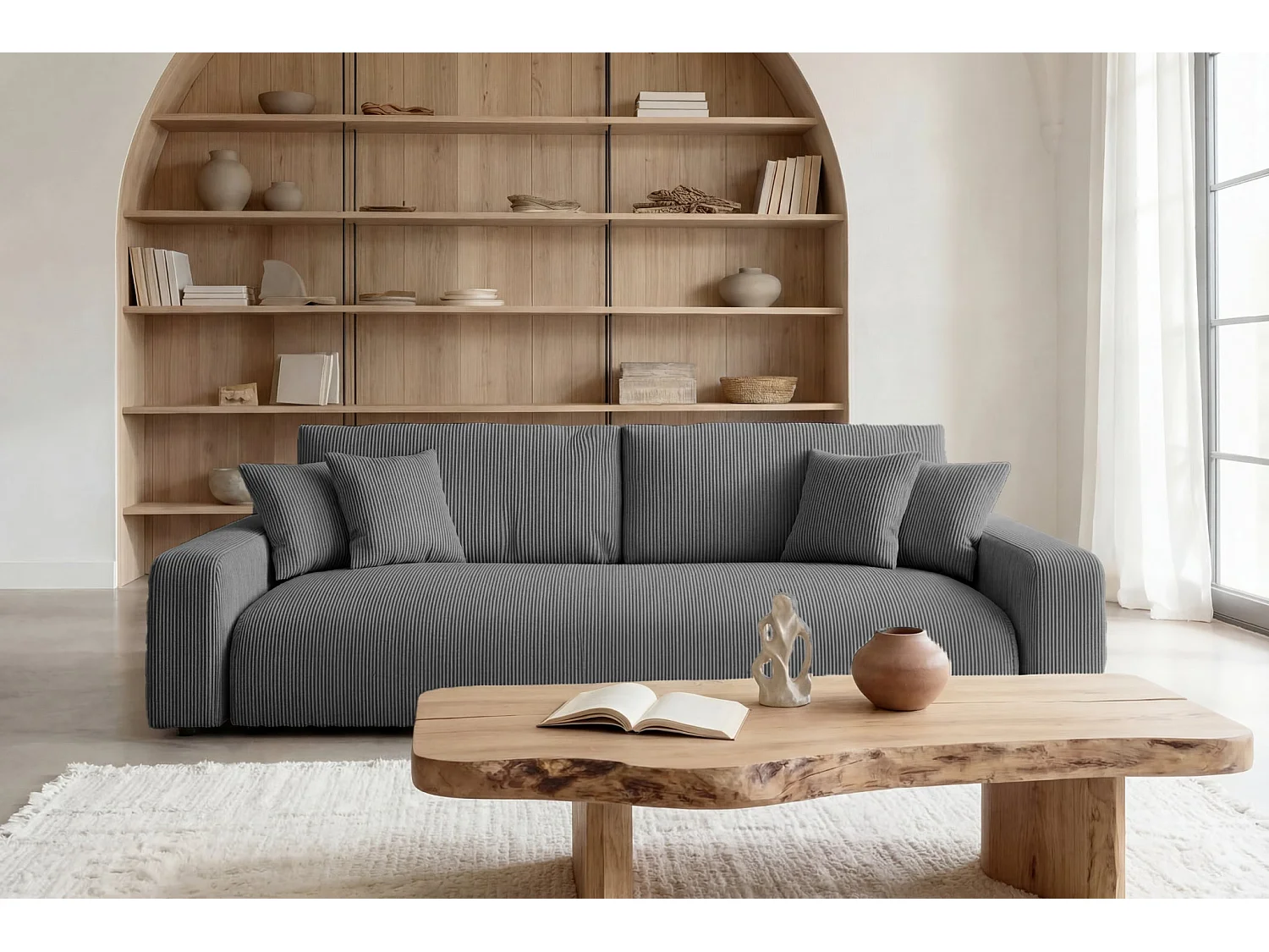 ENA - Canapé droit convertible velours côtelé 3 places Gris foncé