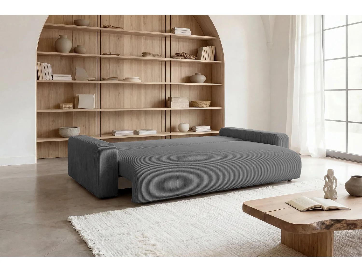 ENA - Canapé droit convertible velours côtelé 3 places Gris foncé