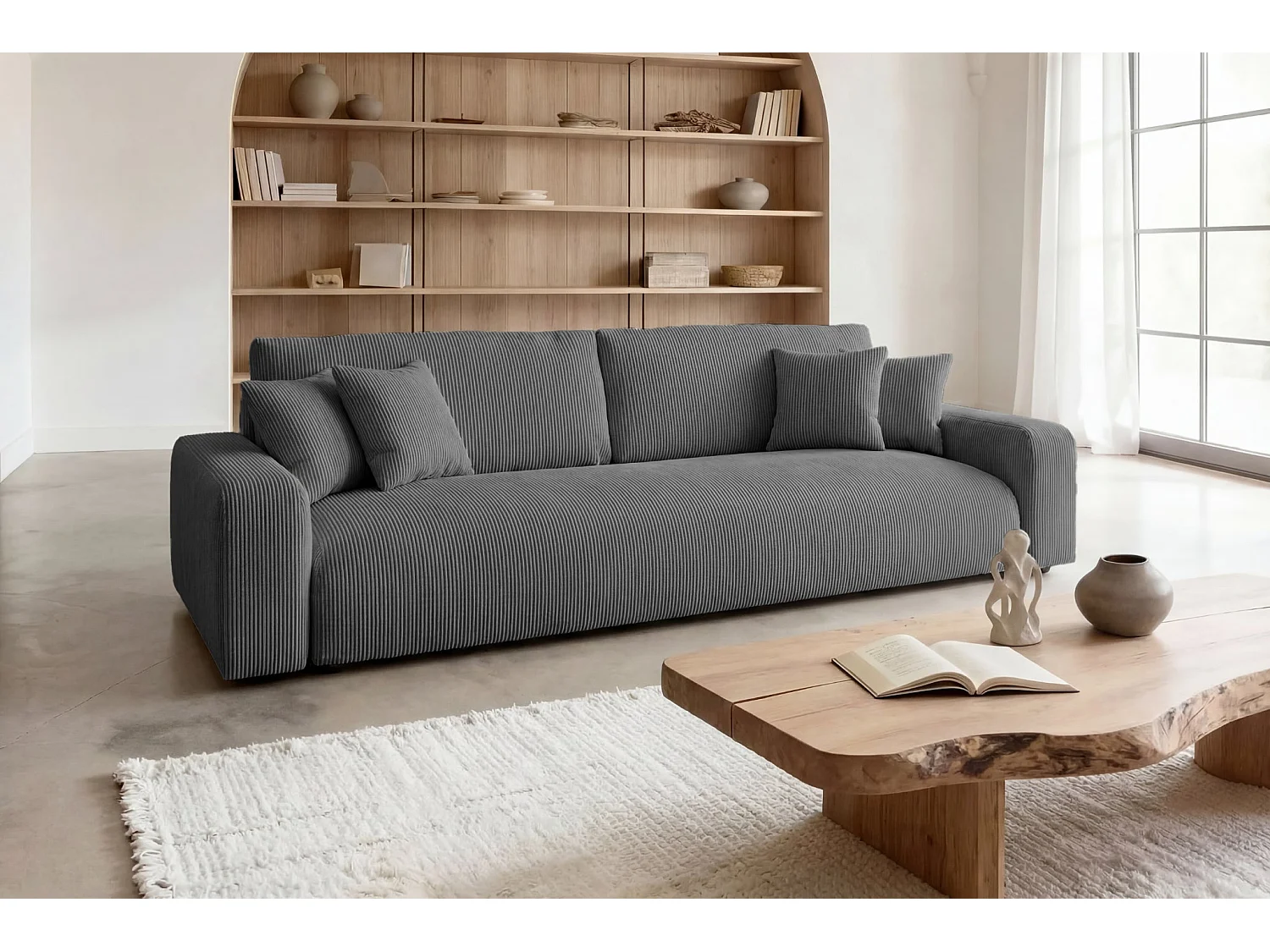 ENA - Canapé droit convertible velours côtelé 3 places Gris foncé