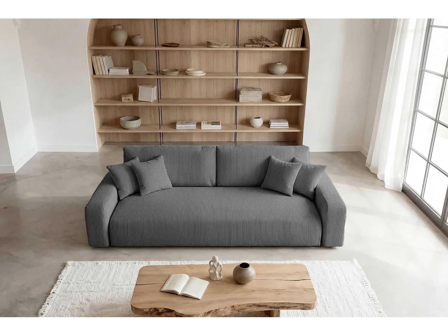 ENA - Canapé droit convertible velours côtelé 3 places Gris foncé