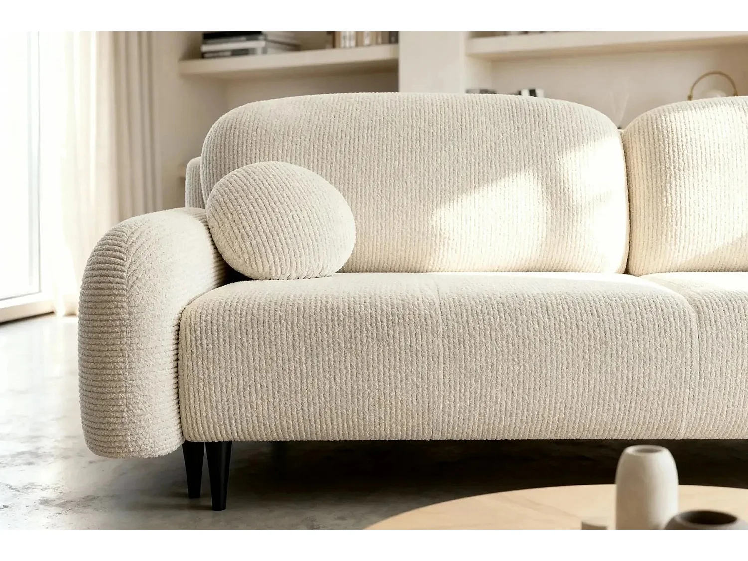 ROXANE - Canapé droit convertible tissu bouclette 2 places Beige