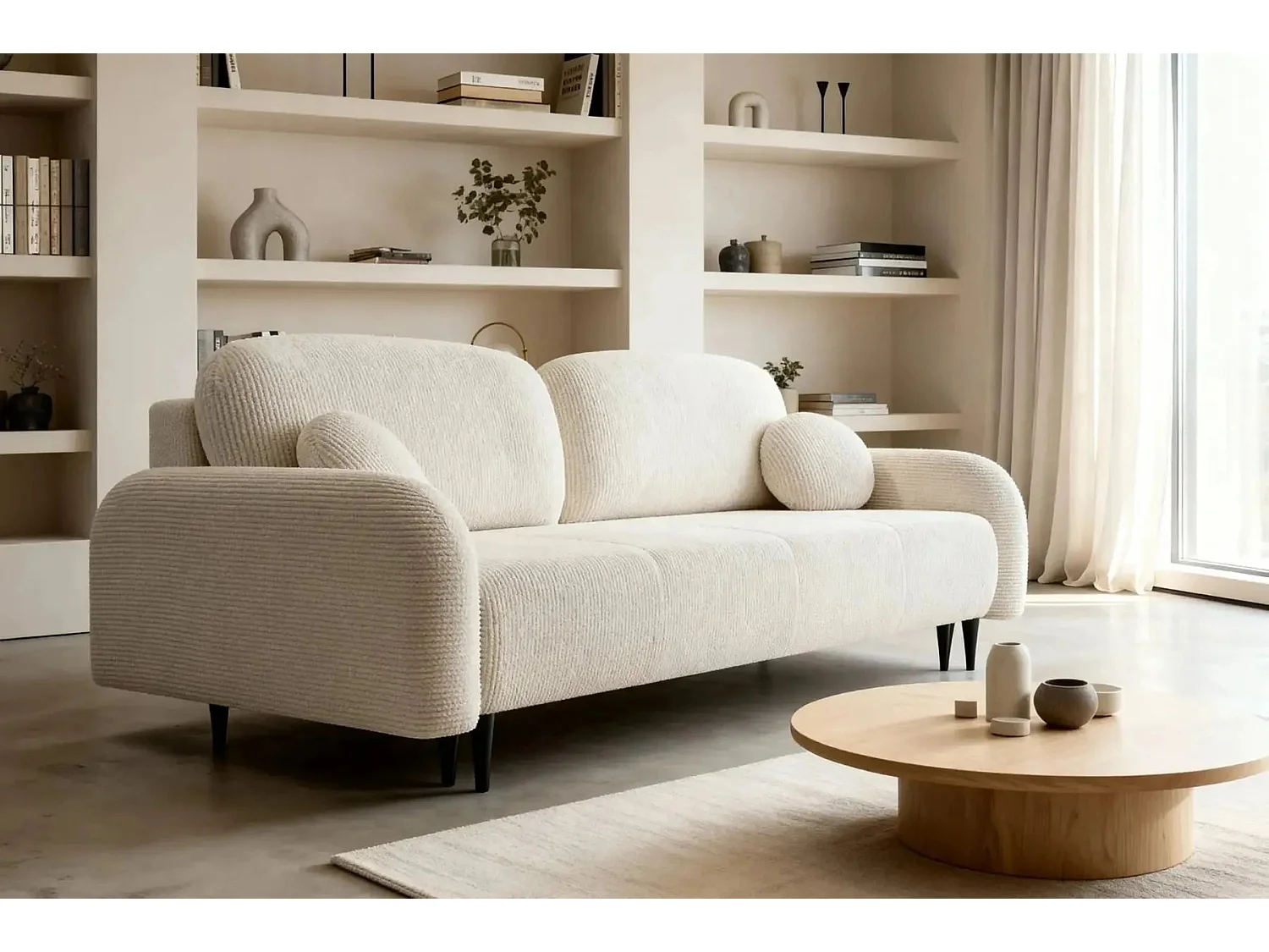ROXANE - Canapé droit convertible tissu bouclette 2 places Beige