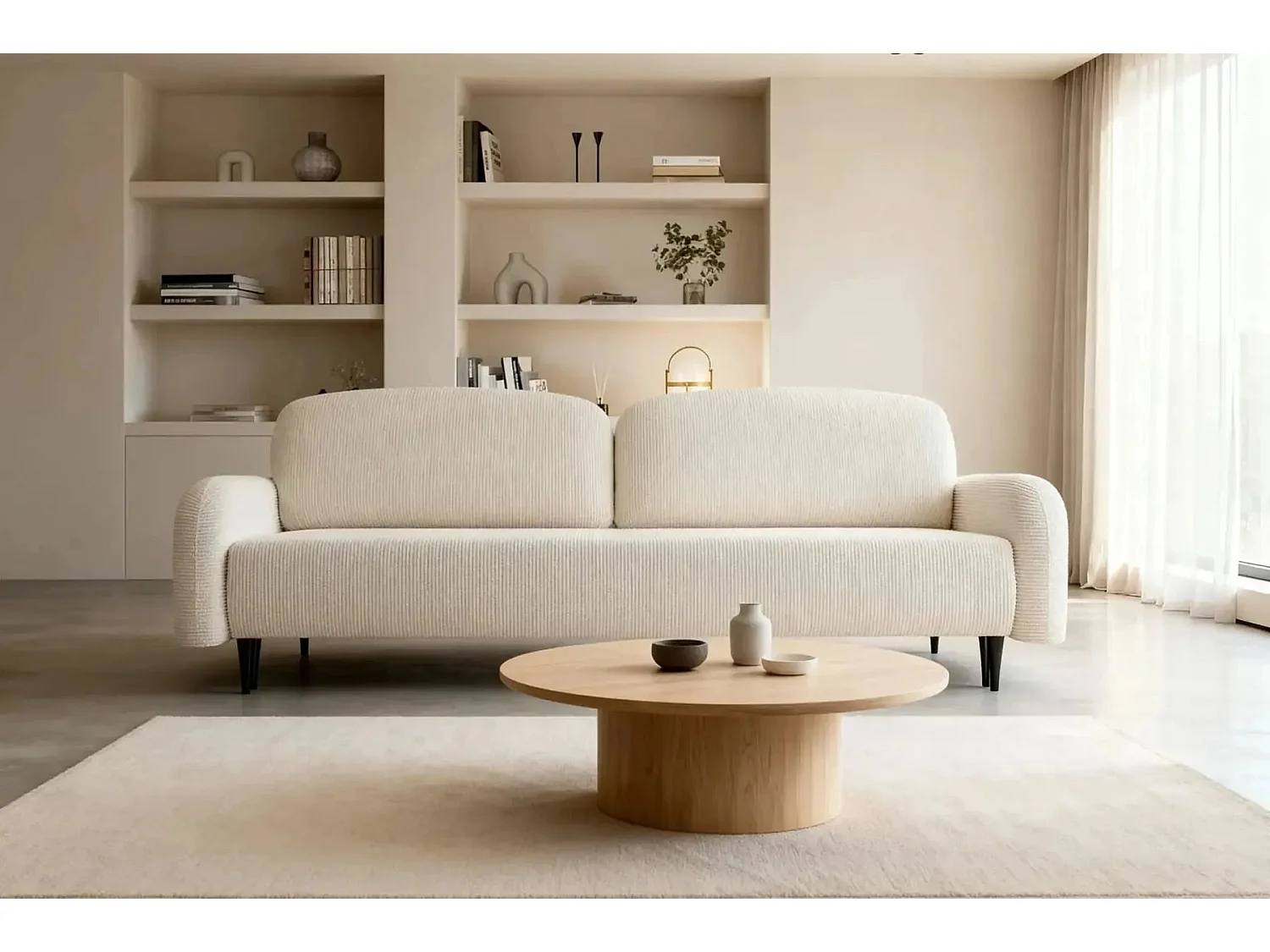 ROXANE - Canapé droit convertible tissu bouclette 2 places Beige