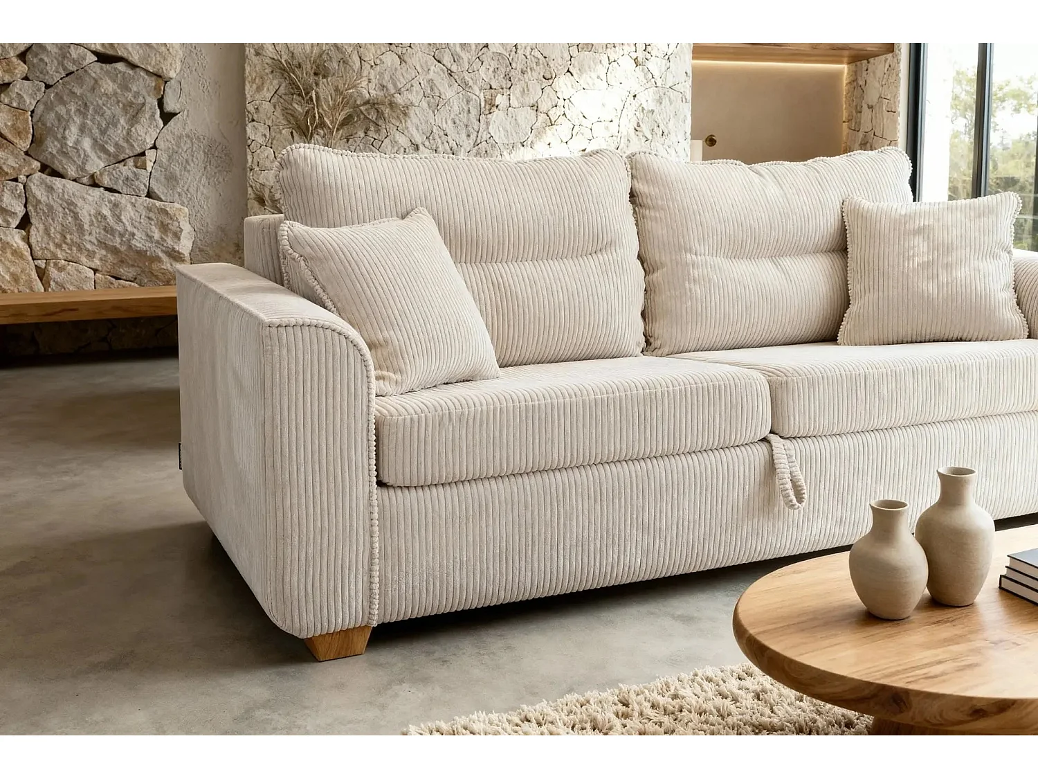 LOULOU - Canapé droit convertible velours côtelé 2 places Beige