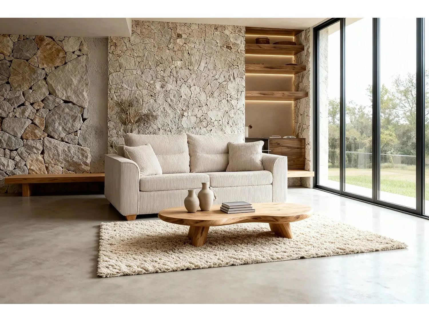 LOULOU - Canapé droit convertible velours côtelé 2 places Beige