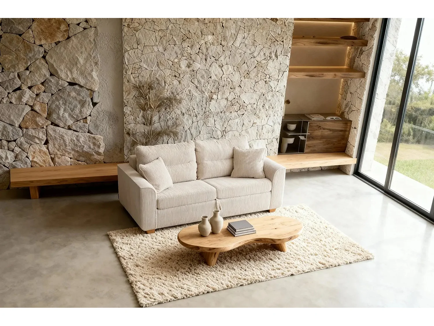 LOULOU - Canapé droit convertible velours côtelé 2 places Beige