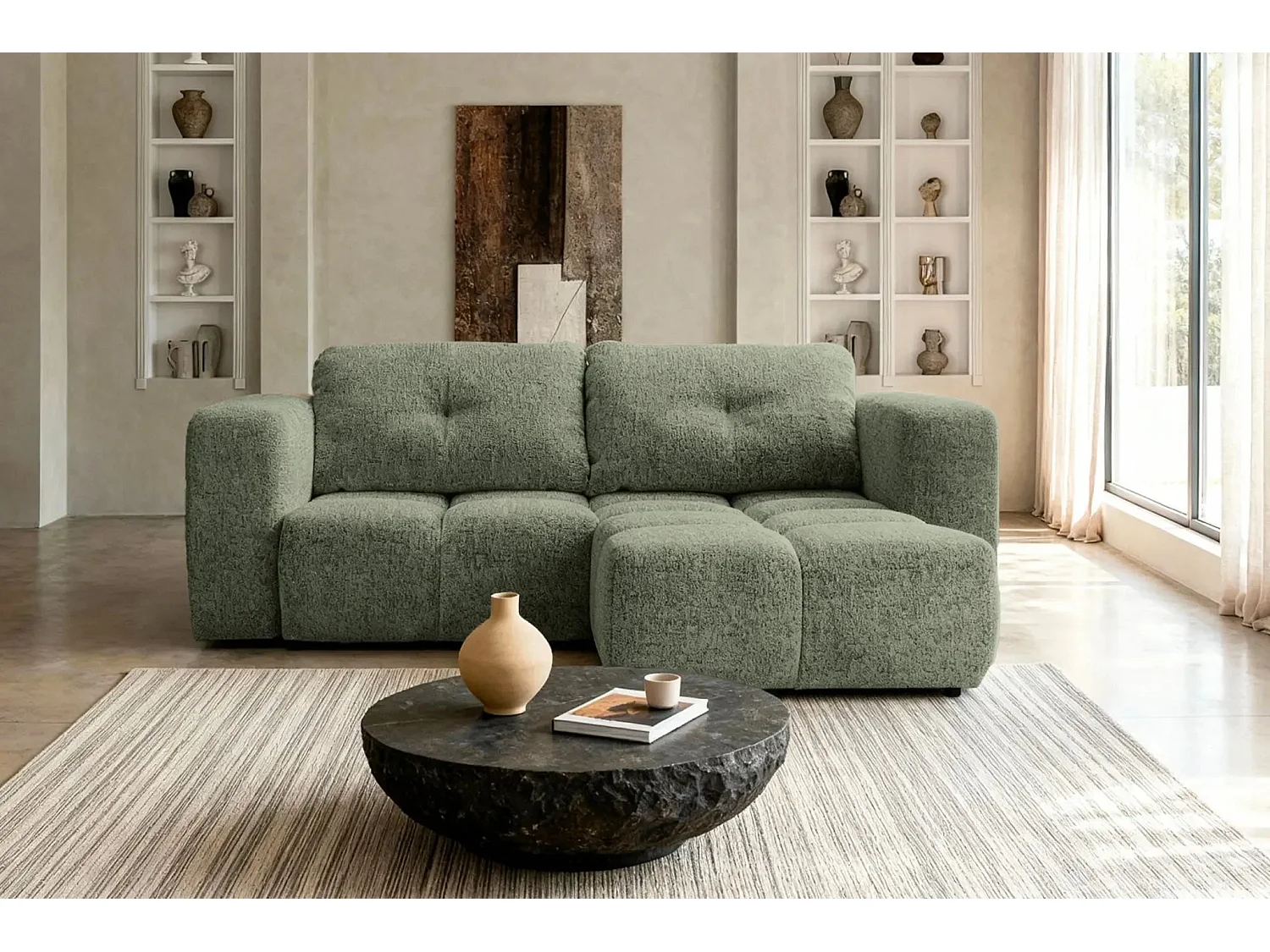 ROMY MINI - Canapé d'angle convertible tissu chenille 2 places Vert