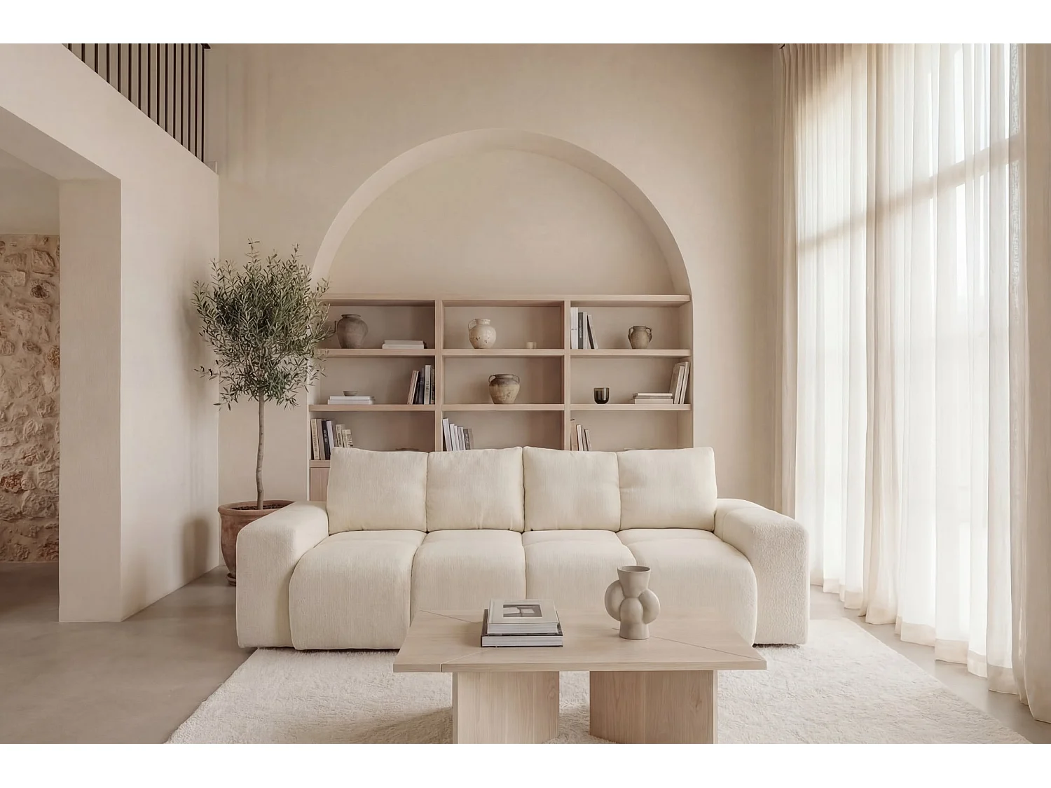 CONSTANCE - Canapé droit convertible tissu chenille 3 places Beige