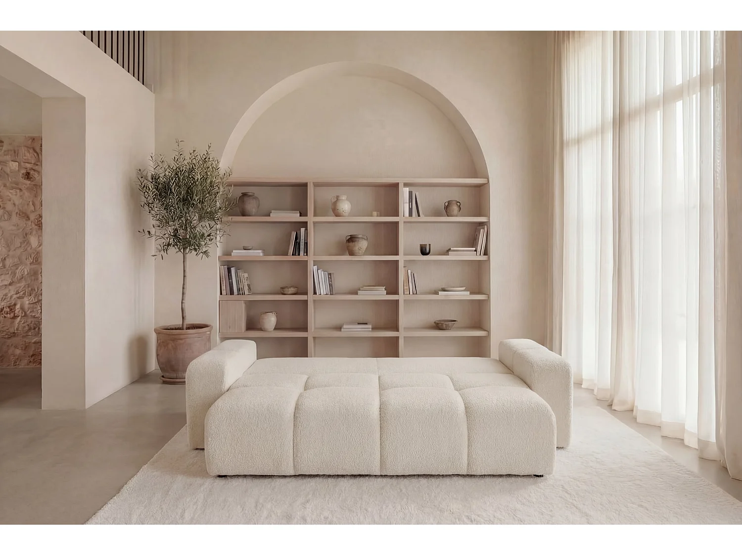 CONSTANCE - Canapé droit convertible tissu chenille 3 places Beige