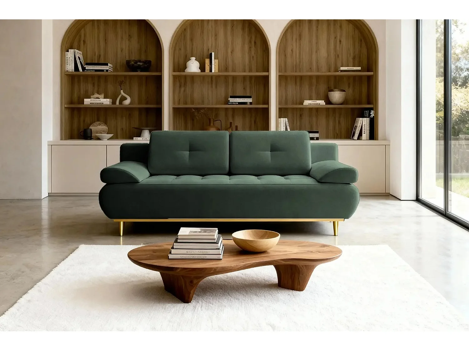 AMARO - Canapé droit convertible tissu velours 2 places Vert