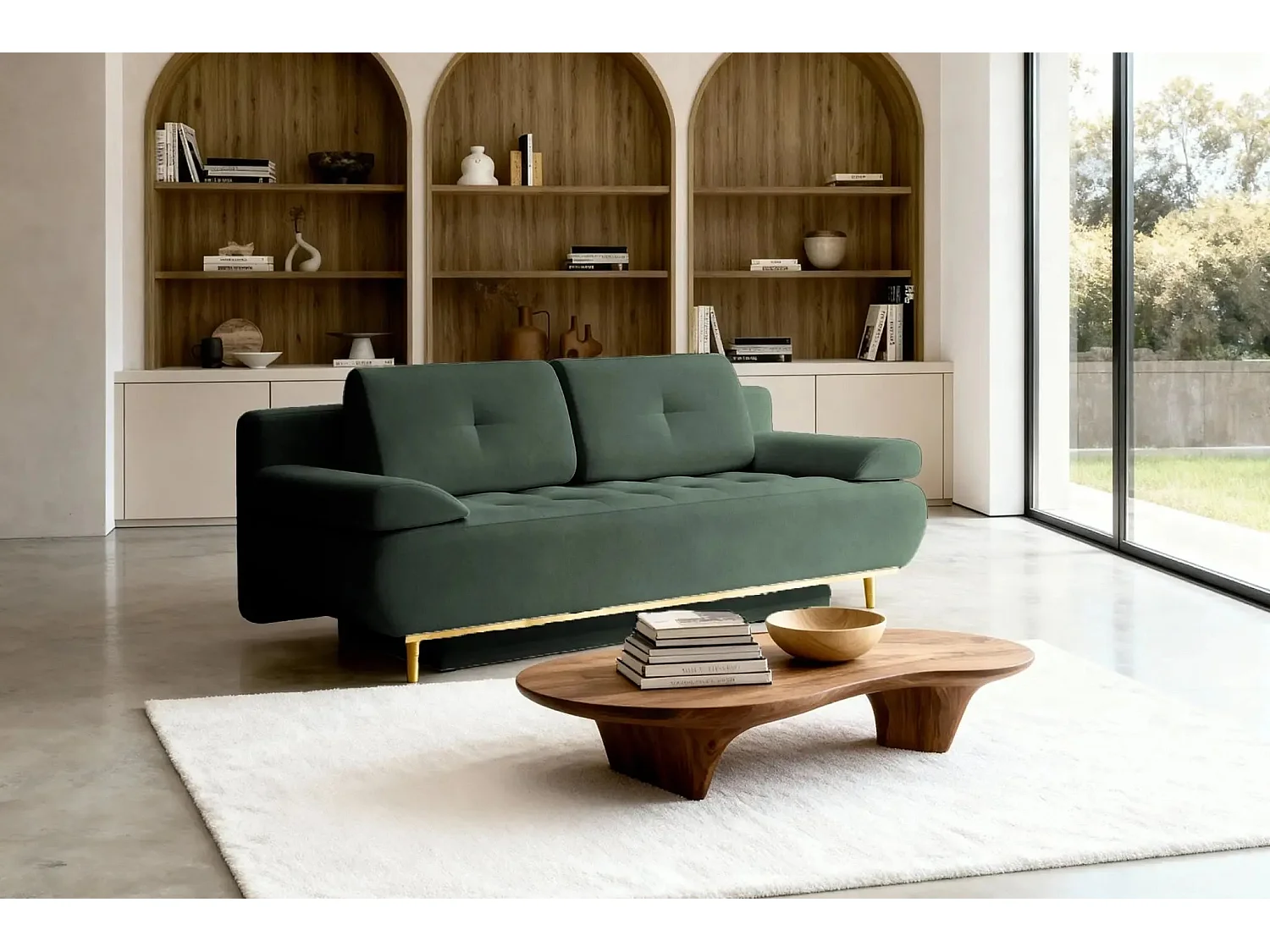 AMARO - Canapé droit convertible tissu velours 2 places Vert
