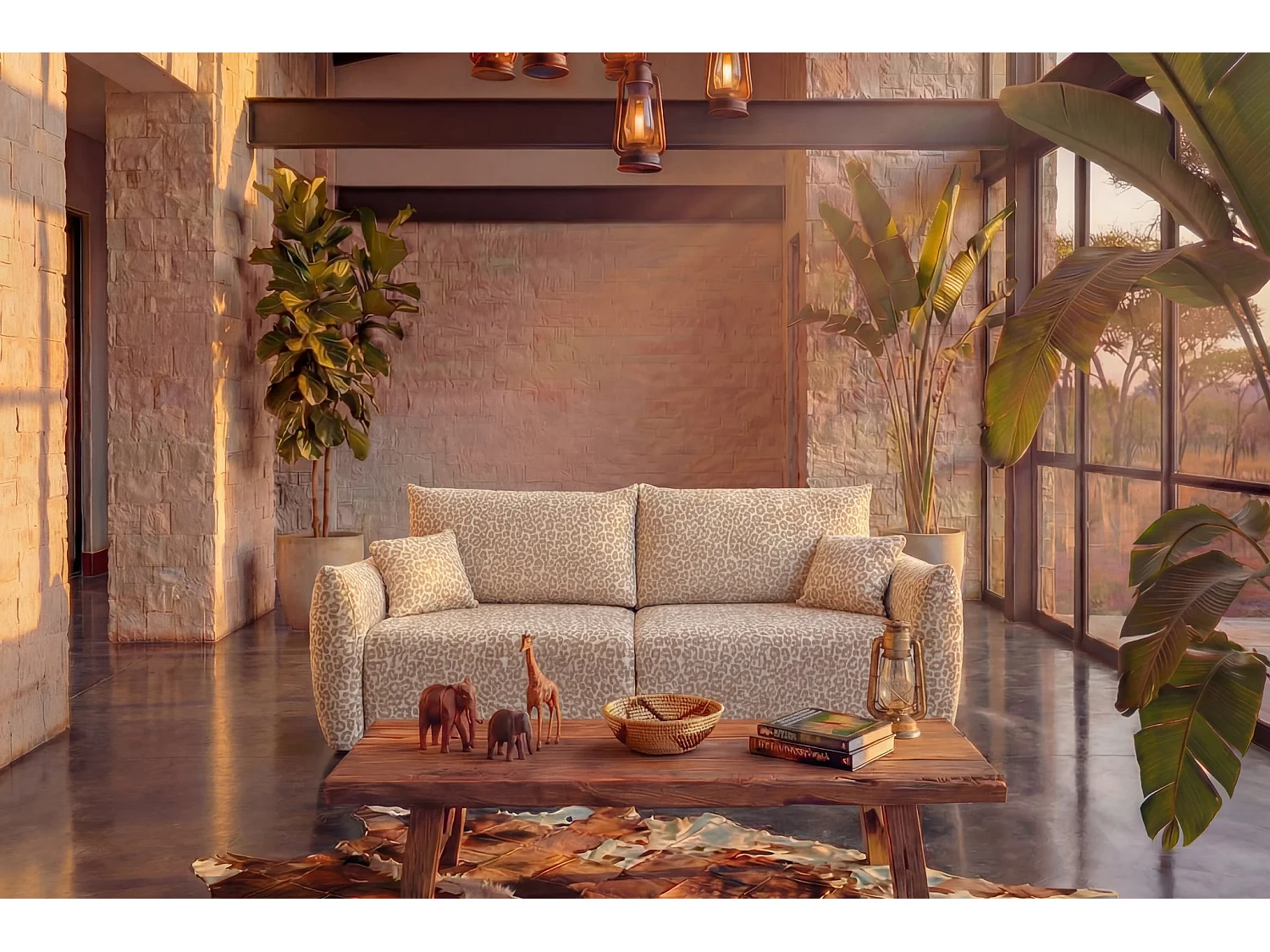 ELIO - Canapé droit convertible tissu imprimé animalier 3 places Beige