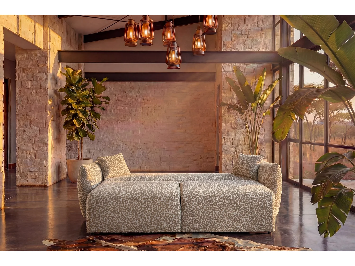 ELIO - Canapé droit convertible tissu imprimé animalier 3 places Beige