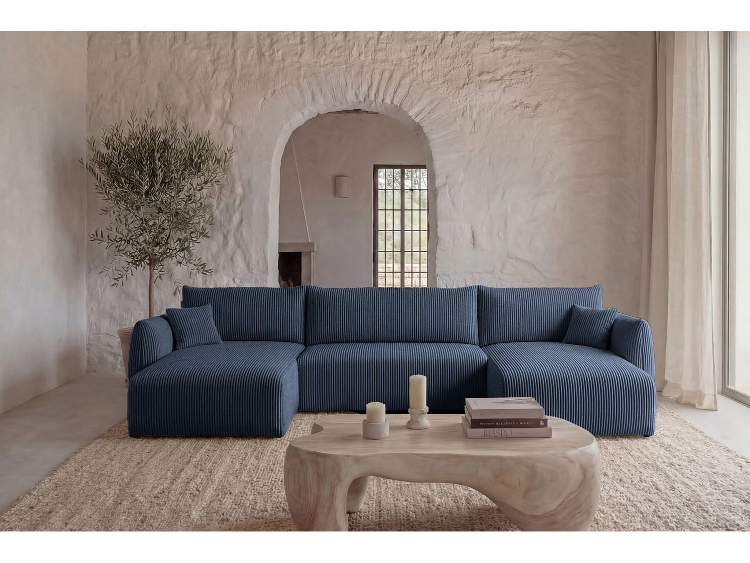 ELIO - 5-zits panorama corduroy slaapbank - Blauw