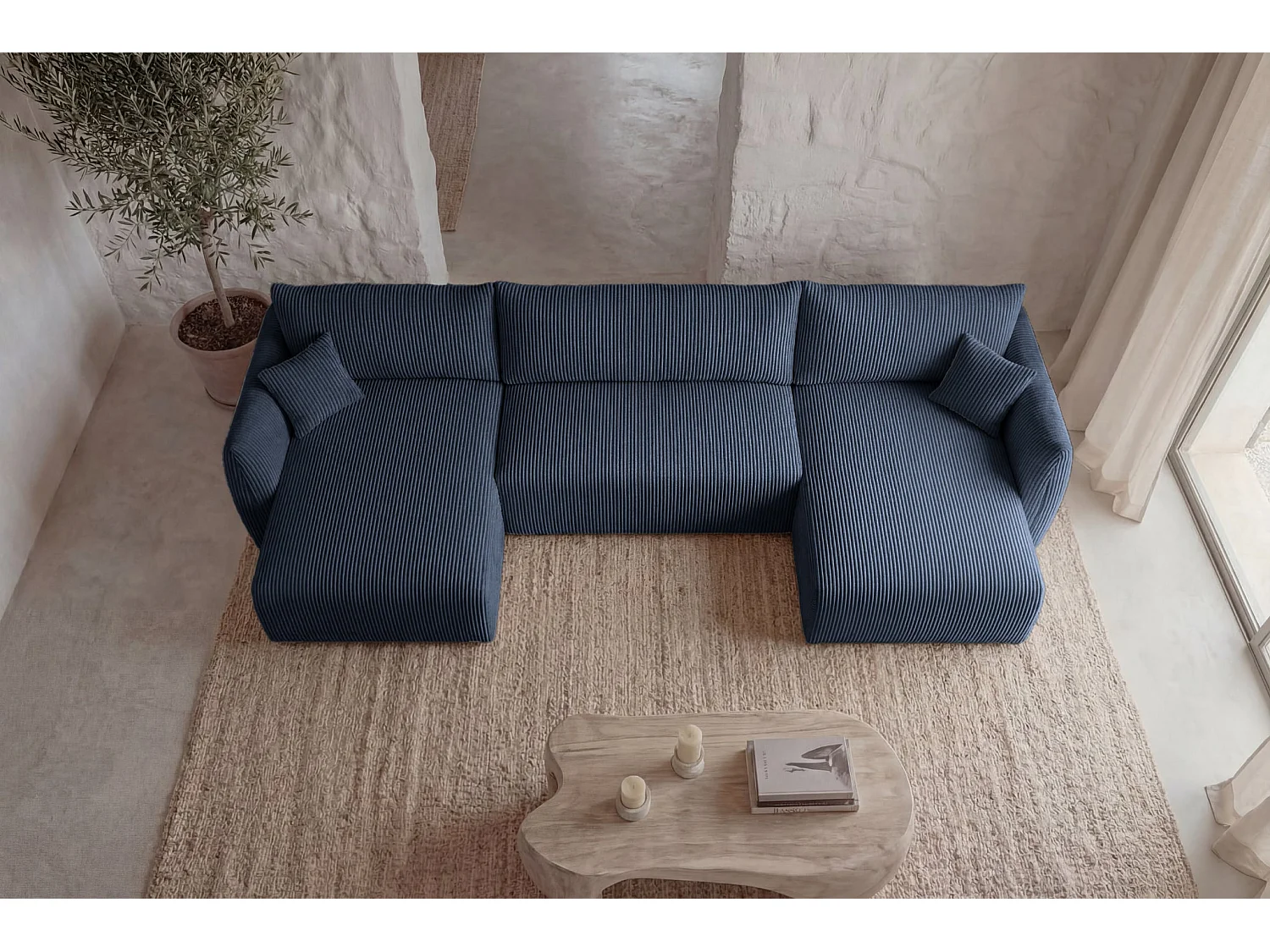 ELIO - 5-zits panorama corduroy slaapbank - Blauw