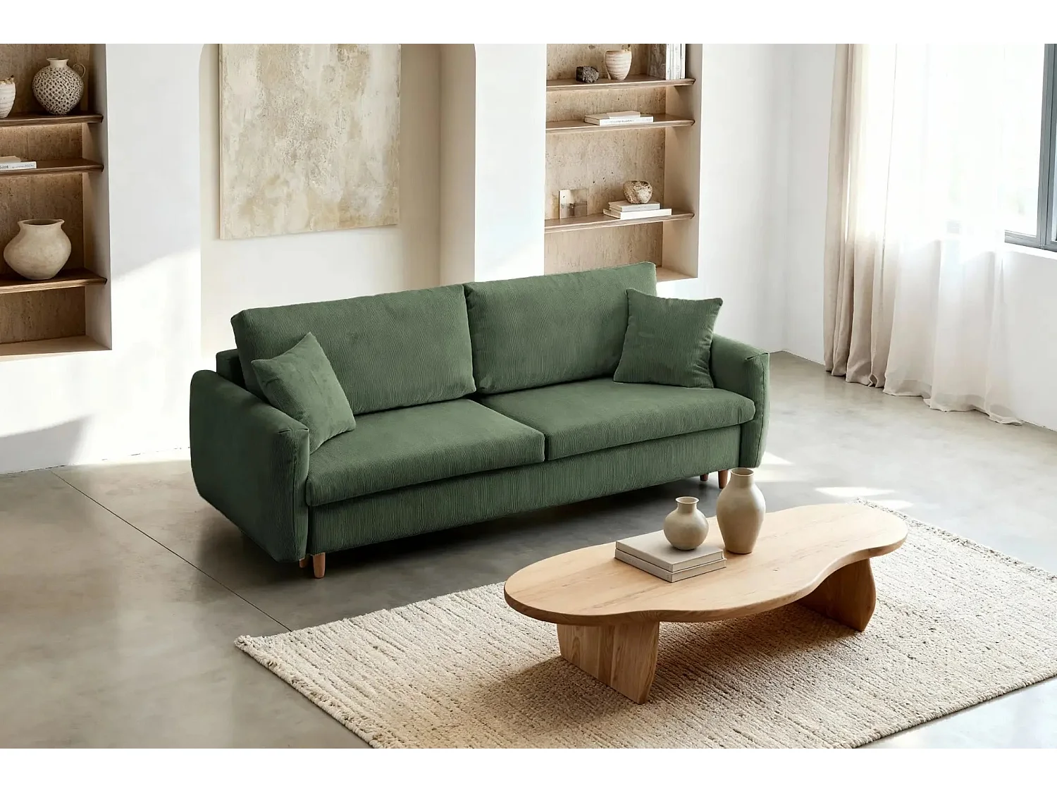 LUMIE - Canapé droit convertible velours côtelé 2 places Vert