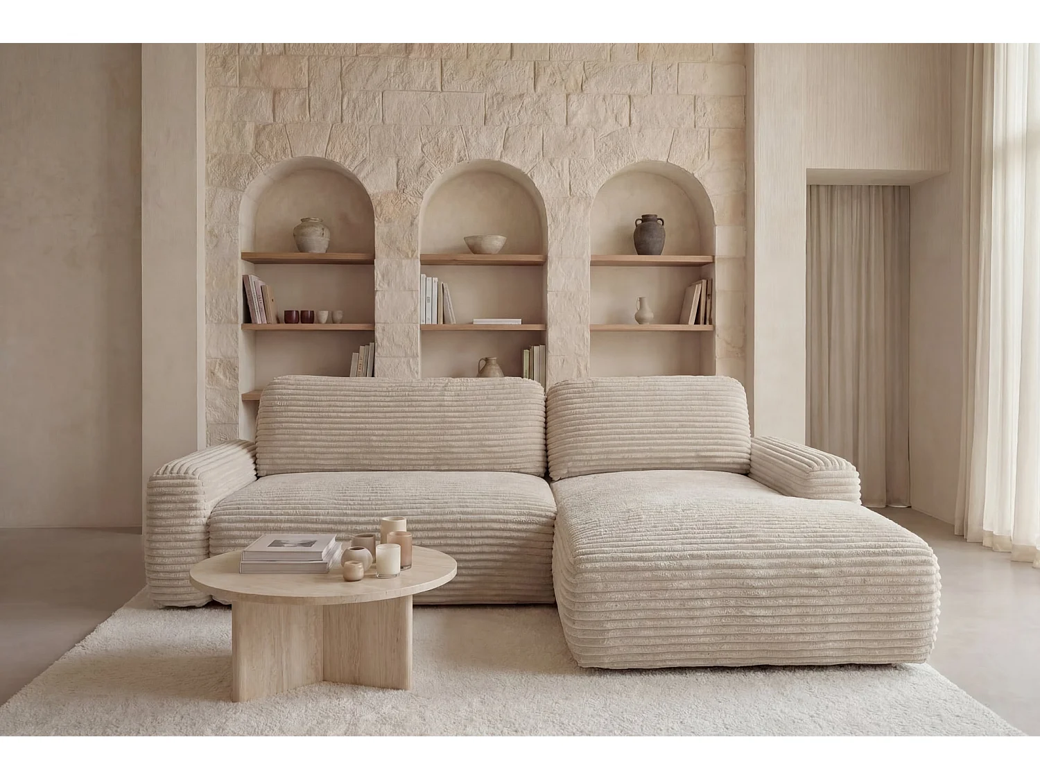 OLYMPE - Canapé d'angle convertible velours côtelé 4 places Beige Droit
