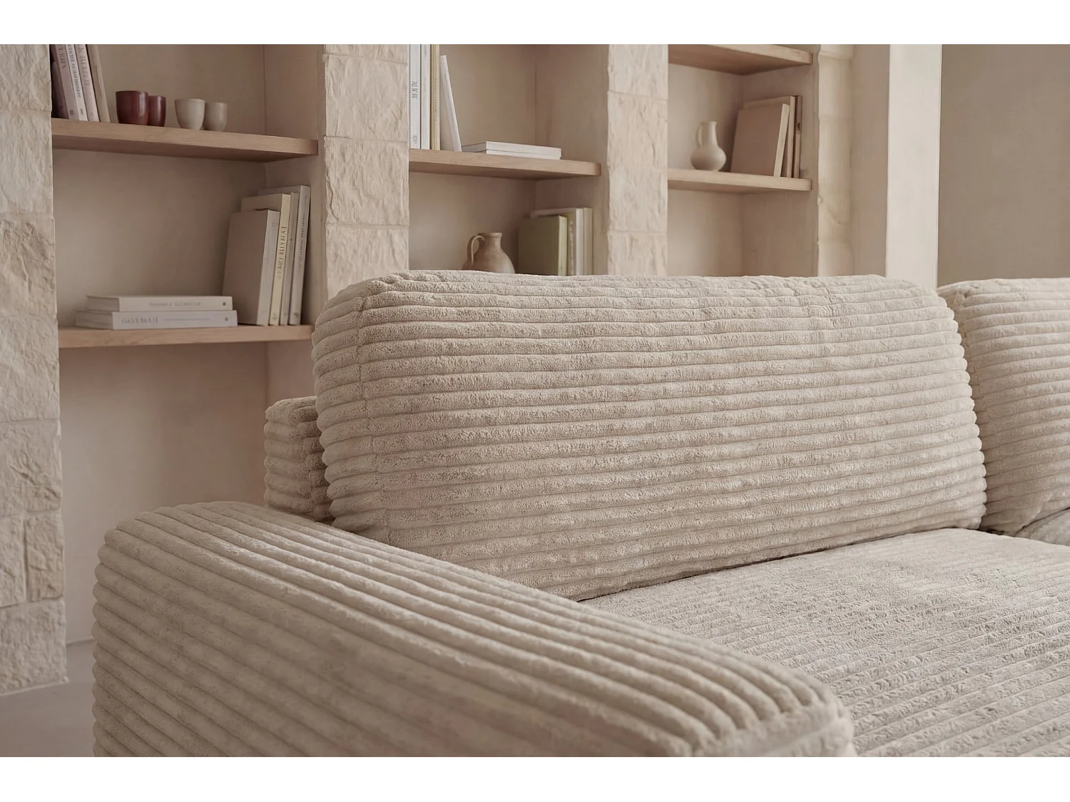 OLYMPE - Canapé d'angle convertible velours côtelé 4 places Beige Droit