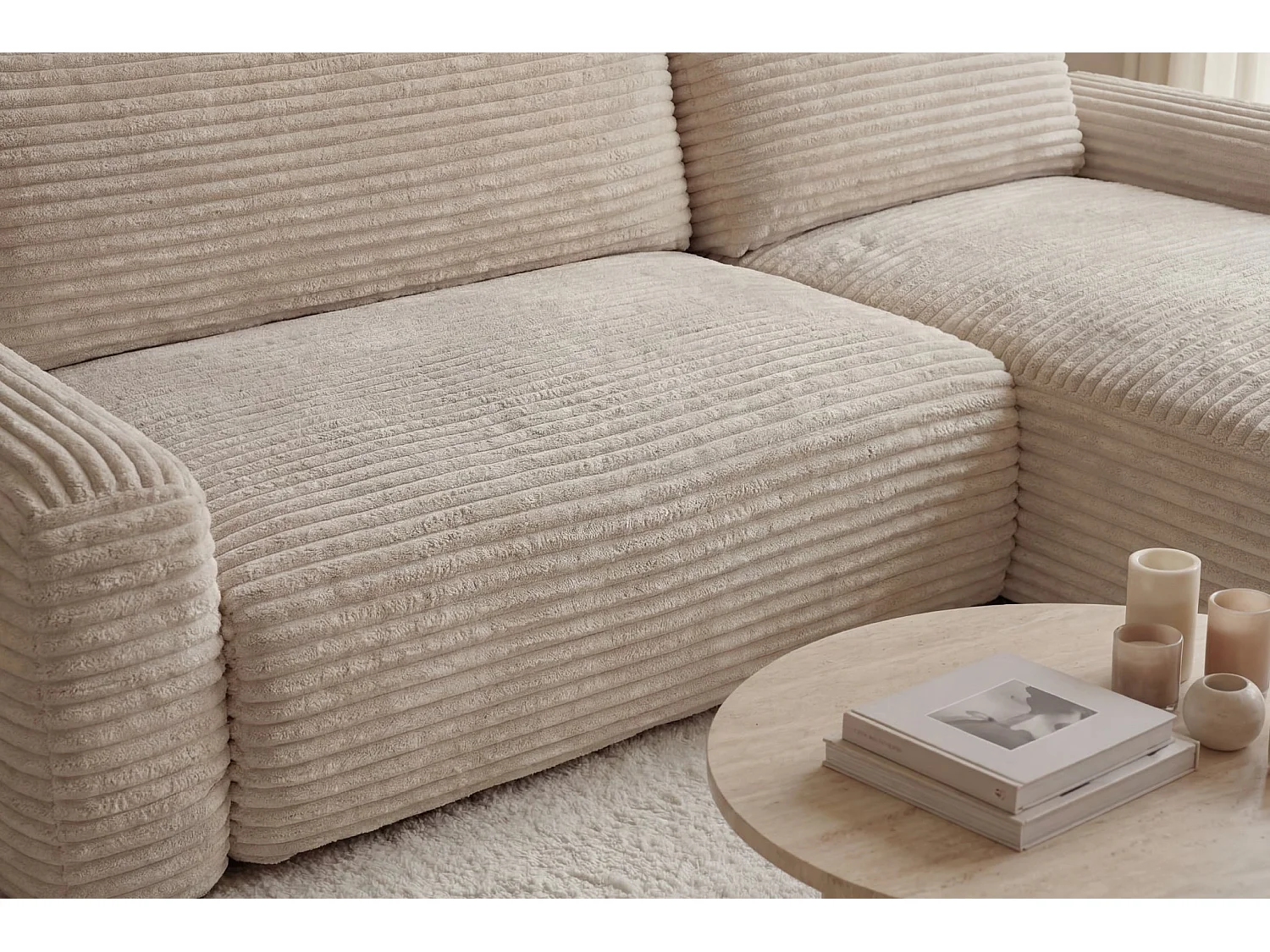 OLYMPE - Canapé d'angle convertible velours côtelé 4 places Beige Droit